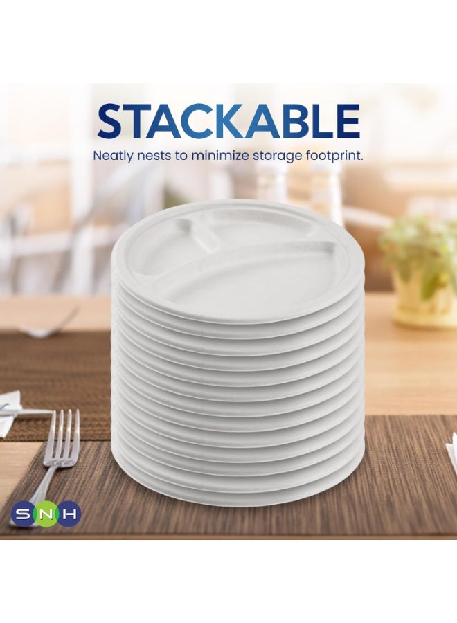 SNH Packing أطباق disposable بيضاء ثلاثية الأقسام 10" من SNH Packing [25 عبوة] - أطباق من قصب السكر الثقيلة، صديقة للبيئة، قابلة للتحلل، قابلة للتسميد، آمنة للاستخدام في الميكروويف ومقاومة للتسرب للحفلات والنزهات والعشاء. - Image 4